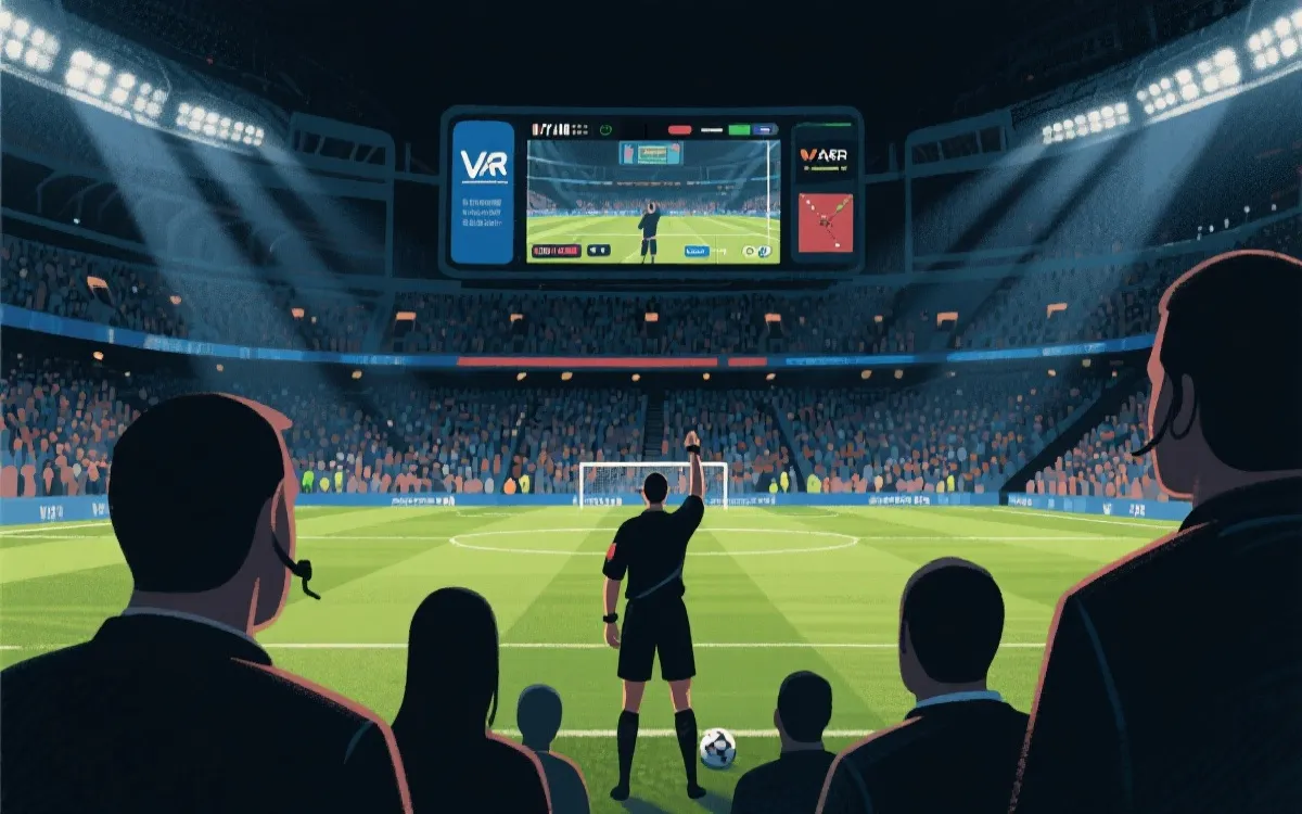 VAR回放与裁判判罚场景的电影感插画：球场屏幕、裁判手势、观众等待