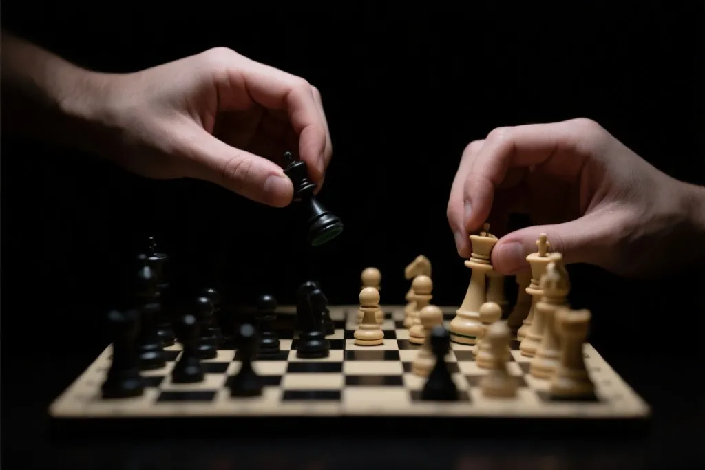 一双手正在整理国际象棋棋子,象征着克制、策略与深谋远虑的自我约束